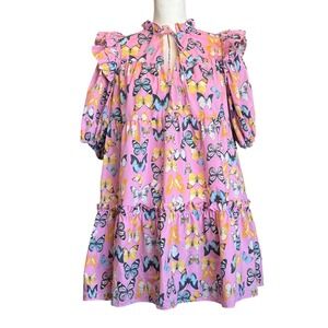 Buddy Love Ruffle Neck Mini Dress Tie Front Puff Sleeve Butterfly Print